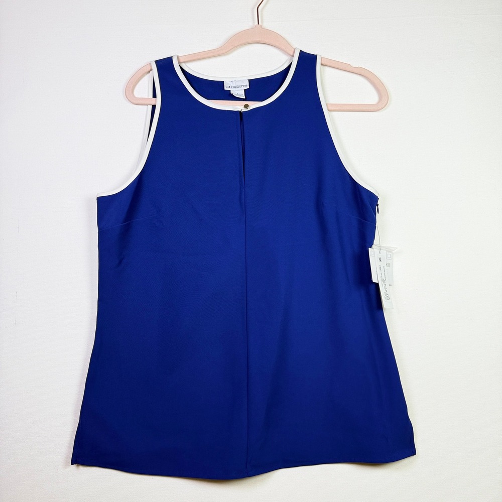 LIZ CLAIBORNE Sapphire Blue‎ White Trim Sleeveless Keyhole Shell Top Large
